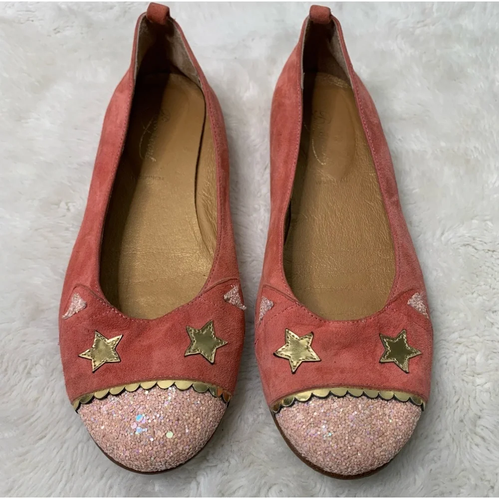 Bonpoint Girls Pink Gold Star Print Glitter Ballet Flat Shoes Size 36